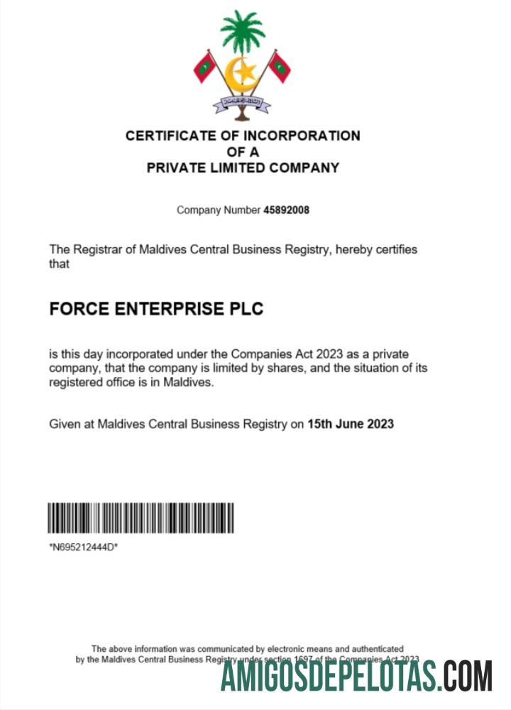 Modelo realista de certificado de registro comercial das Maldivas em Word e PDF
